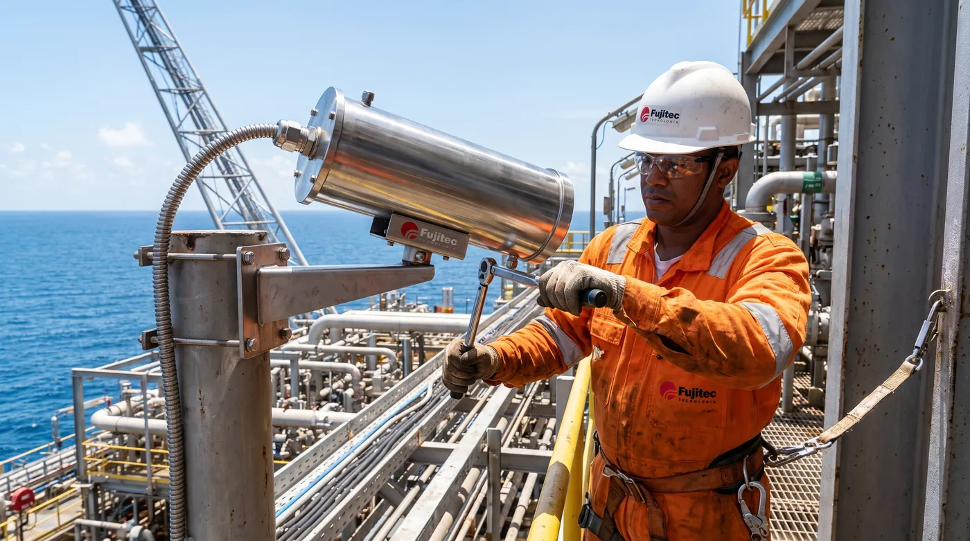 Fujitec technician mounting an explosion-proof camera on a stainless steel bracket on an offshore platform