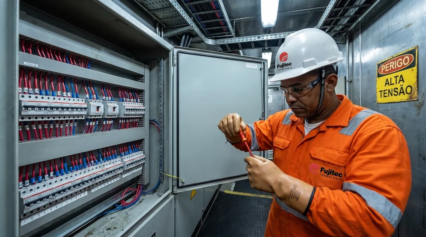 Fujitec electrician with insulating gloves working on an electrical panel on an offshore platform