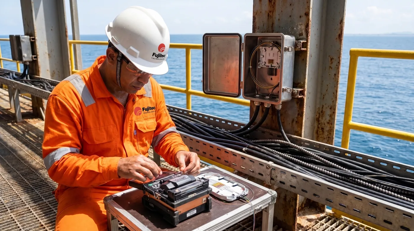 Fujitec technician splicing fiber optics on the deck of an offshore platform
