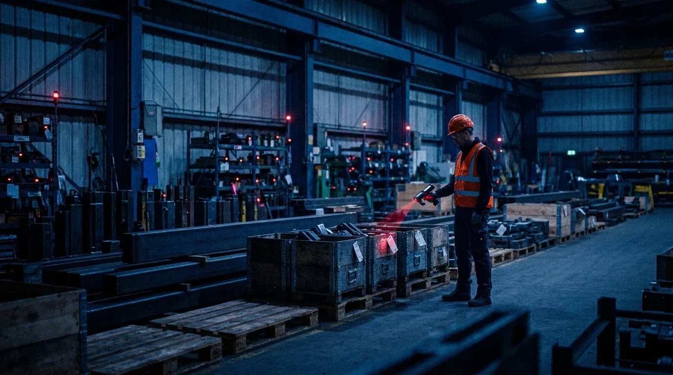 Worker reading RFID tags on equipment in a warehouse