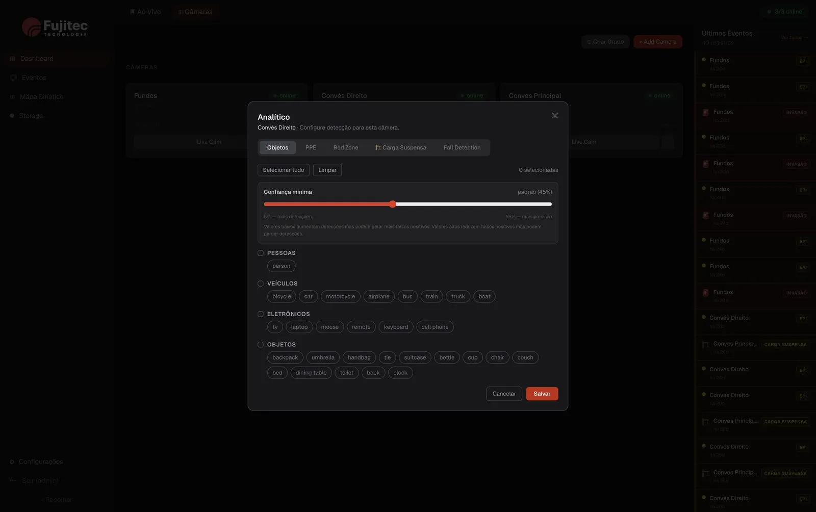Fujitec analytics module configuration screen